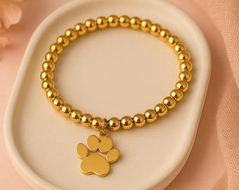 Gold Paw Print Beaded Bracelet: Pet Lover Charm Jewelry