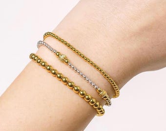 Gold & Silber Perlen Armband-Stapel | Mixed Metal Stretch Armband Set | Jeden Tag zu tragen
