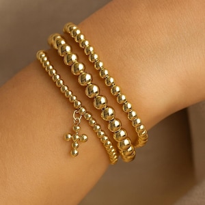 Gold Beaded Stretch Bracelet: Dainty Cross Charm, Christian Jewelry
