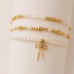 3-Piece 18K Gold Filled & Pearl Bracelet Set with Bow Charm – Dainty Stacking Jewelry