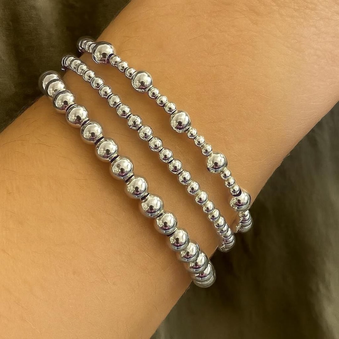Silver Filled Beaded Bracelet Set: Minimalist Stackable Stretch