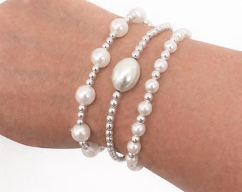 Silver & Pearl Beaded Bracelet Stack | Stretch Bracelet Set | Elegant Minimalist Jewelry | Gift for Her