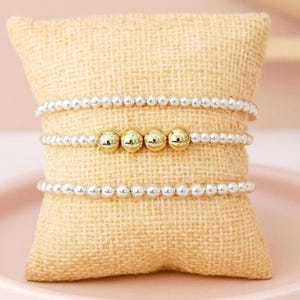 Mixed Metal Beaded Bracelet Stack: Dainty Silver & Gold Jewelry