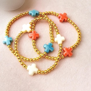 Colorful Cross Beaded Bracelets – 18k Gold Filled Stackable Stretch Bracelets – Mixed Cross Colors – Dainty Everyday Jewelry