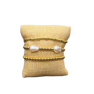 Gold Filled Baroque Pearl Bracelets – Dainty Stackable Beaded Set of 3 – Elegant Minimalist Jewelry