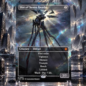Puede incluir: Una carta coleccionable Sire of Seven Deaths con una criatura Eldrazi oscura de múltiples patas sobre un fondo cósmico. El texto de la carta enumera habilidades que incluyen First strike, Vigilance, Menace, Trample, Reach, Lifelink y Ward—Pay 7 life.