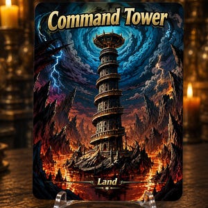 Può includere: Una carta da gioco rettangolare intitolata Command Tower che raffigura un'alta torre di pietra a spirale al centro di un'isola rocciosa circondata da lava arancione brillante. Il cielo scuro e tempestoso è pieno di nuvole blu e fulmini.