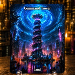 Peut inclure: Une carte à collectionner rectangulaire intitulée Command Tower et marquée Land, représentant une tour en spirale au centre d'une ville futuriste nocturne. La scène est éclairée par des néons bleus et violets, des éclairs et un ciel cosmique.