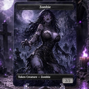 Puede incluir: Una carta coleccionable rectangular con una ilustración de fantasía oscura de un zombi con cabello largo y oscuro y ojos brillantes. La carta muestra el texto Zombie en la parte superior y Token Creature - Zombie con un valor de 2/2 en la base.
