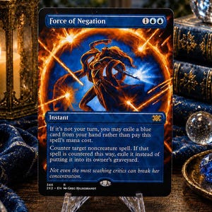May include: A Force of Negation trading card featuring a central figure surrounded by a glowing orange ring of energy against a dark blue background. The card text includes the title, mana cost, card type, and rules text in white lettering.