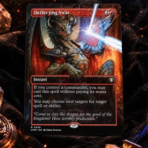 May include: A rectangular trading card titled Deflecting Swat featuring a horned dragon creature with red and grey scales. The card text reads: If you control a commander, you may cast this spell without paying its mana cost. You may choose new targets.