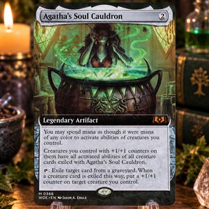 以下が含まれることがあります： Agatha's Soul Cauldronというタイトルのマジック：ザ・ギャザリングのトレーディングカード。暗褐色の鍋に光る緑色の液体が入っており、人物がそれをかき混ぜている様子が描かれています。カードのテキストには伝説のアーティファクトの能力が記載されています。