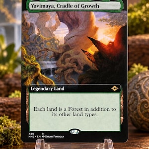 May include: A rectangular trading card titled Yavimaya, Cradle of Growth, featuring a fantasy landscape illustration with large, twisted trees and a warm sunset glow. The card text reads Legendary Land and Each land is a Forest in addition to its other land types.