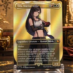May include: A gold-toned holographic trading card titled Tifa, Martial Artist, featuring a female character with long dark hair in a white tank top and black skirt. The card displays game text, a 4/4 power and toughness, and mana symbols.