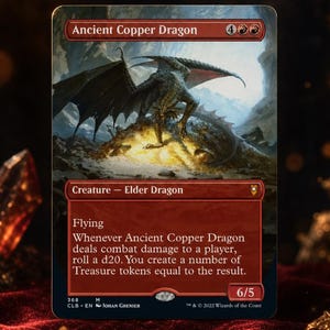 May include: A Magic: The Gathering trading card titled Ancient Copper Dragon, featuring a copper-colored dragon perched on a pile of gold treasure. The card text includes the creature type Elder Dragon, the ability Flying, and game mechanics.
