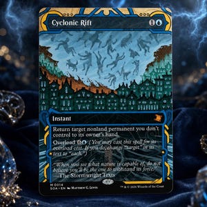 May include: A rectangular trading card titled Cyclonic Rift with a blue and gold border. The illustration depicts silhouettes of figures floating above a dark green cityscape. The card text includes game rules, flavor text, and copyright details.