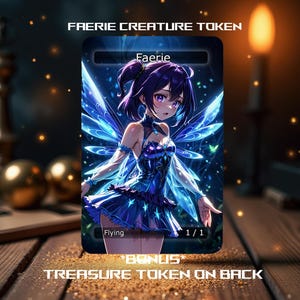 May include: A fantasy creature token card featuring a blue and purple fairy with wings. The card has the text "Faerie" and "Flying" and the number "1/1".