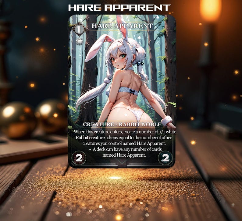 May include: A fantasy trading card featuring a white rabbit creature with a white bunny costume and a white bow. The card is titled "Hare Apparent" and has a power level of 2. The card text reads: "When this creature enters, create a number of 1/1 white Rabbit creature tokens equal to the number of other creatures you control named Hare Apparent. A deck can have any number of cards named Hare Apparent."