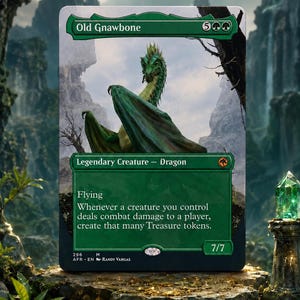 May include: A rectangular trading card titled Old Gnawbone featuring a green dragon illustration. The card text includes Legendary Creature - Dragon, Flying, and the ability to create Treasure tokens. It displays a 7/7 power and toughness rating.