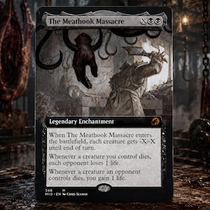 May include: A Magic: The Gathering trading card titled The Meathook Massacre, featuring a dark illustration of a butcher in a slaughterhouse with hanging meat hooks. The card text details the legendary enchantment rules and game mechanics.
