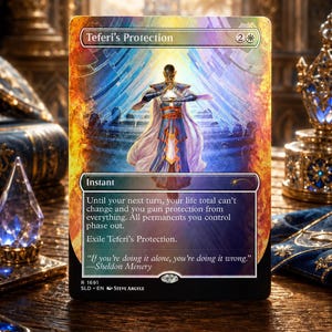 May include: A Magic: The Gathering trading card titled Teferi's Protection featuring a central figure in blue and gold robes surrounded by a glowing blue portal and orange flames. The card text includes the rules, the quote by Sheldon Menery, and the artist credit to Steve Argyle.