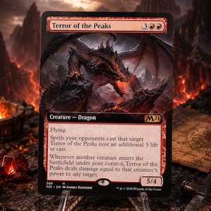 May include: A Magic: The Gathering trading card titled Terror of the Peaks, featuring a red dragon illustration. The card text details its flying ability, a cost increase for opponent spells, and a damage-dealing effect. It has a 5/4 power and toughness.