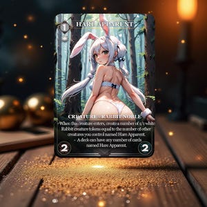 May include: A trading card game card with a white rabbit girl wearing a white bunny costume. The card is called "Hare Apparent" and is a creature - rabbit noble. The card has a power of 2 and a toughness of 2.