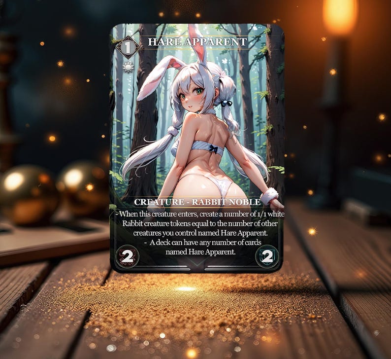 May include: A trading card game card with a white rabbit girl wearing a white bunny costume. The card is called "Hare Apparent" and is a creature - rabbit noble. The card has a power of 2 and a toughness of 2.
