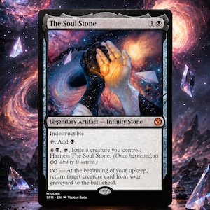 May include: A collectible trading card titled The Soul Stone, featuring an illustration of two hands holding a glowing orange gem against a cosmic nebula background. The card text includes Legendary Artifact, Infinity Stone, and game rules.