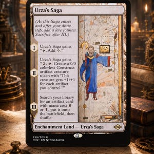 May include: A Magic: The Gathering trading card titled Urza's Saga, an Enchantment Land card. The artwork depicts a figure in a blue robe standing before a large map. The card text details three stages of lore counters and game mechanics.