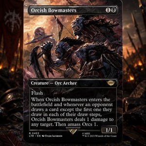 May include: A collectible trading card titled Orcish Bowmasters featuring dark fantasy artwork of blue-skinned orc archers in battle. The card text includes game mechanics, the creature type Orc Archer, and a power and toughness rating of 1/1.