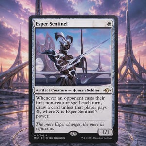 May include: A collectible trading card titled Esper Sentinel, an artifact creature human soldier with a 1/1 power and toughness. The card features a silver-armored figure, white border, and text detailing game mechanics, set code 012/303 R.