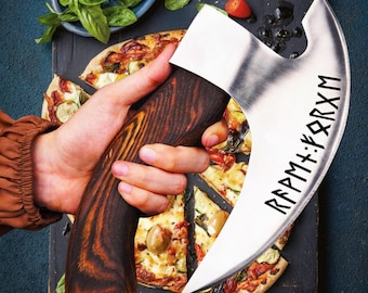 Hand Forged Viking Pizza Cutter Axe: Bearded Camping Axe with Leather Sheath