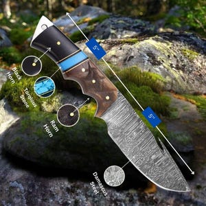 May include: A Damascus steel knife with a 5-inch blade. The handle features black horn, turquoise stone, and ram horn accents. The handle is 5 inches long. The knife has a brown and black wooden handle with brass rivets.