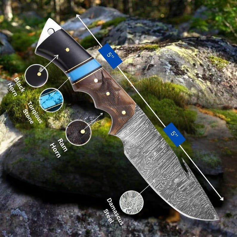May include: A Damascus steel knife with a 5-inch blade. The handle features black horn, turquoise stone, and ram horn accents. The handle is 5 inches long. The knife has a brown and black wooden handle with brass rivets.