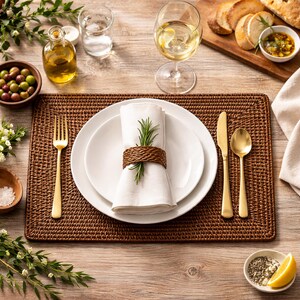 Rectangular rattan placemat with woven edge – handmade placemat, boho table decoration, natural woven placemat, sustainable home decor