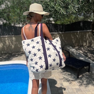 Strandtasche Badetasche XXL - übergroße maritime Schwimmtasche für Familien, Sommertasche extragroß aus Baumwoll-Canvas mit Innentasche