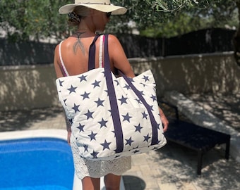 Strandtasche Badetasche XXL - übergroße maritime Schwimmtasche für Familien, Sommertasche extragroß aus Baumwoll-Canvas mit Innentasche