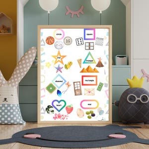 May include: A colorful educational chart with various shapes and objects. The chart includes a circle, square, triangle, diamond, rectangle, oval, star, and heart. Each shape is labeled with its name.