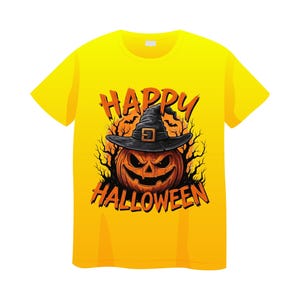 May include: Yellow t-shirt featuring a Halloween design. The graphic includes a jack-o'-lantern wearing a witch hat, with the words "HAPPY HALLOWEEN" in orange. The design is set against a backdrop of spooky trees.