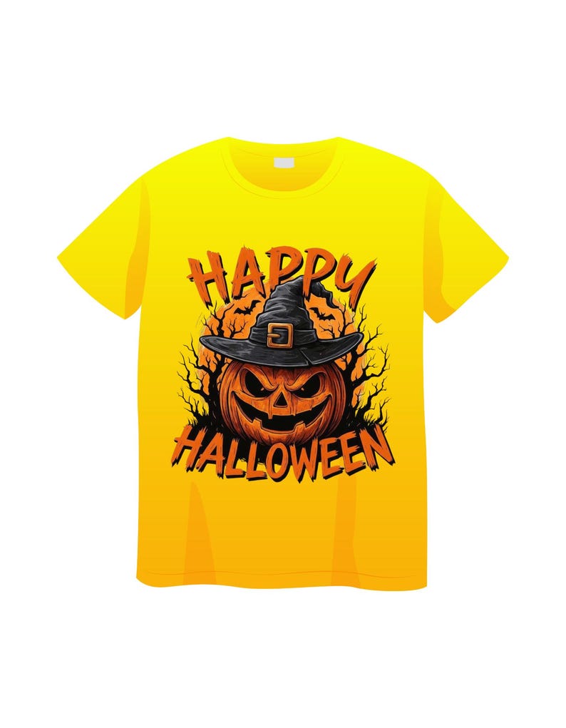 May include: Yellow t-shirt featuring a Halloween design. The graphic includes a jack-o'-lantern wearing a witch hat, with the words "HAPPY HALLOWEEN" in orange. The design is set against a backdrop of spooky trees.