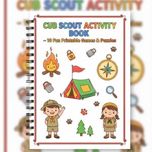 Può includere: Un quaderno di attività per scout rilegato a spirale, intitolato "Cub Scout Activity Book - 10 Fun Printable Games & Puzzles". La copertina presenta illustrazioni di un falò, una tenda, una bussola e personaggi scout.