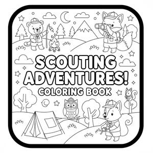 Puede incluir: Ilustración en blanco y negro de un libro para colorear con el texto "Scouting Adventures! Coloring Book". La imagen presenta animales de dibujos animados, incluyendo un oso, un zorro, un búho y una ardilla, en una escena de camping.