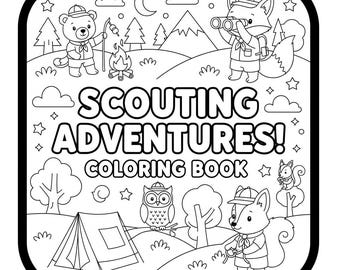 Op de afbeelding: Zwart-wit illustratie van een kleurboek met de tekst "Scouting Adventures! Coloring Book". De afbeelding toont cartoon dieren, waaronder een beer, vos, uil en eekhoorn, in een kampeerscène met een tent, kampvuur en berg.