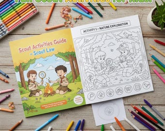 Op de afbeelding: Een afbeelding van een Scout Activities Guide-boek en een kleurplaat, omringd door kleurpotloden en kleurpotloden. De boekcover toont scouts bij een kampvuur. De kleurplaat toont scouts die de natuur verkennen. Tekst: "Fun Scout Activities for Kids!"