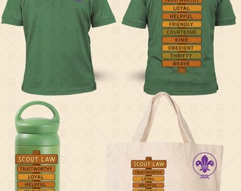 May include: Green polo shirt with a purple emblem and the words "Scout Law" and its principles printed on the back. A green water bottle and a white tote bag also display the same text and emblem.