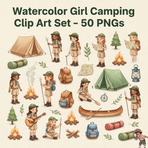 Pode incluir: Conjunto de clip art em aquarela com ilustrações com tema de acampamento. Inclui tendas, mochilas, fogueiras, árvores, mapas, uma canoa e meninas em uniformes de escoteiras. O texto na parte superior diz "Watercolor Girl Camping Clip Art Set - 50 PNGs."