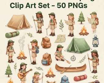 Set de imágenes prediseñadas de acuarela de niñas exploradoras acampando – 50 PNG de aventura en campamento de verano (descarga instantánea)