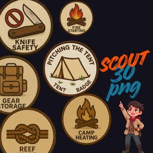 Puede incluir: Un conjunto de insignias e ilustraciones con temática de exploradores. Las insignias muestran habilidades de campamento como seguridad con cuchillos, encendido de fuego, almacenamiento de equipo, nudo de rizo, calefacción de campamento y montaje de una tienda de campaña. Un explorador de dibujos animados señala el texto "SCOUT 3D png".