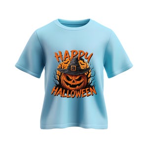 May include: A light blue t-shirt featuring a Halloween-themed graphic. The graphic includes a jack-o'-lantern wearing a witch's hat, with the words "HAPPY HALLOWEEN" in orange. The design is centered on the shirt.